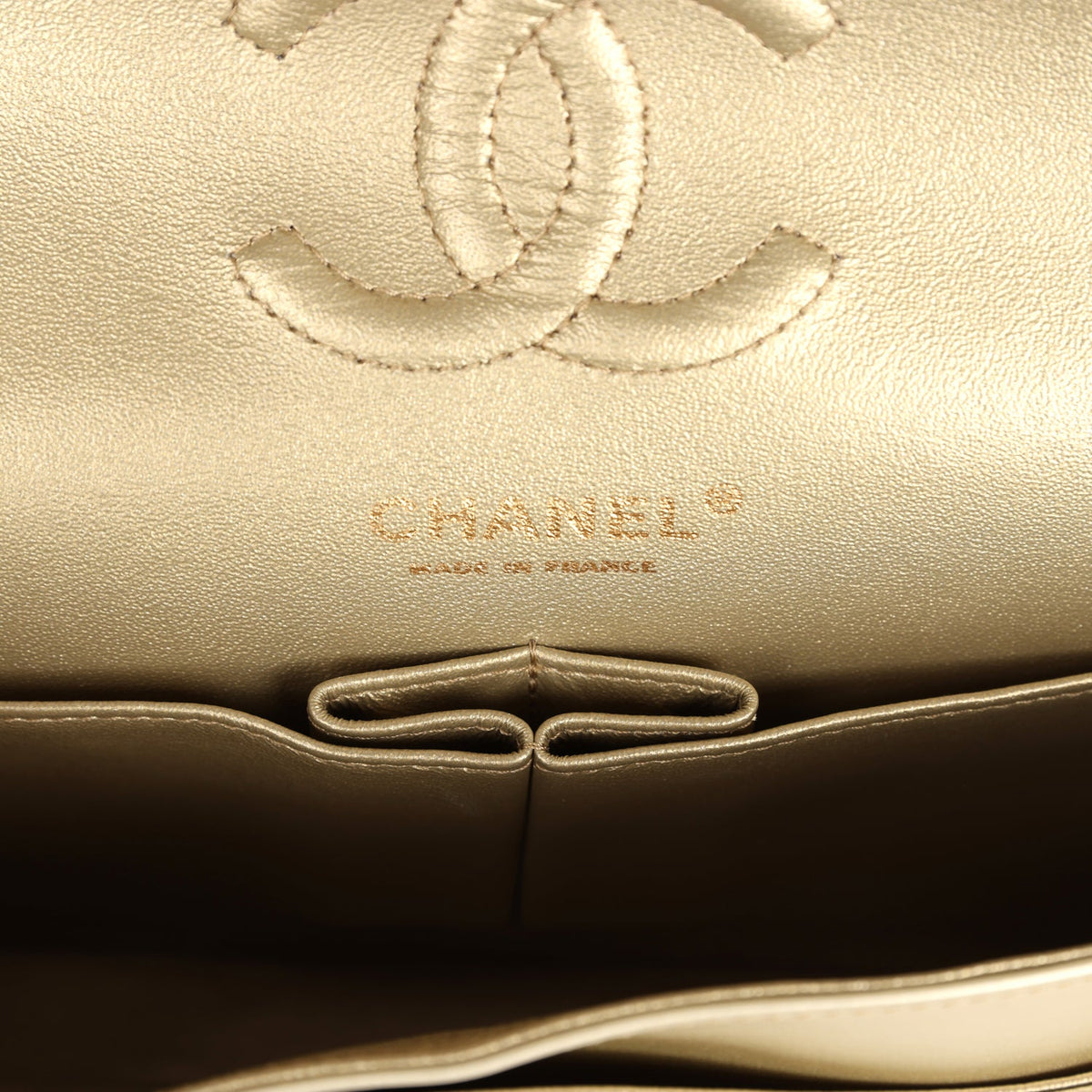 Chanel Small Chevron Double Flap Bag Gold Metallic Patent Light Gold Hardware