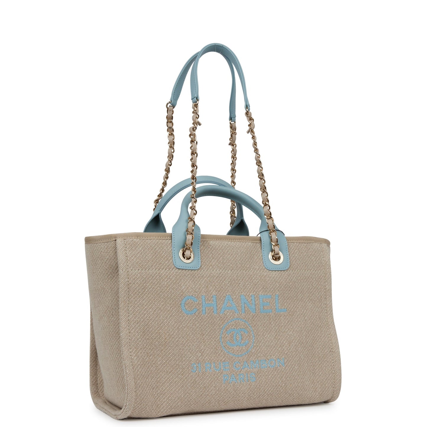 Chanel Small Deauville Shopping Tote Blue and Beige Boucle Light Gold Hardware