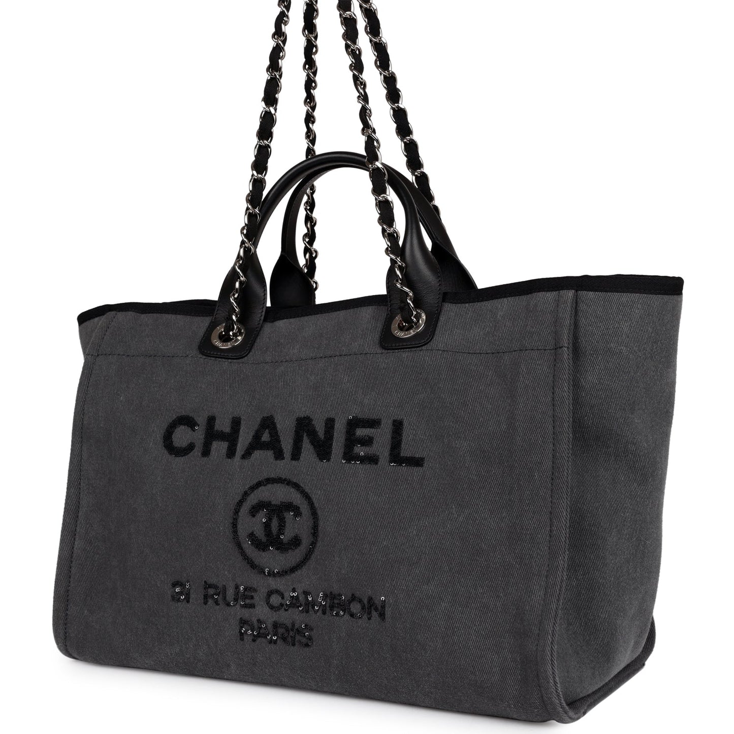 Chanel Medium Deauville Shopping Tote Dark Grey Denim Silver Hardware