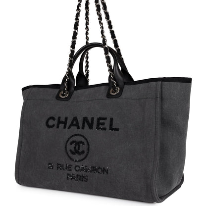 Chanel Medium Deauville Shopping Tote Dark Grey Denim Silver Hardware