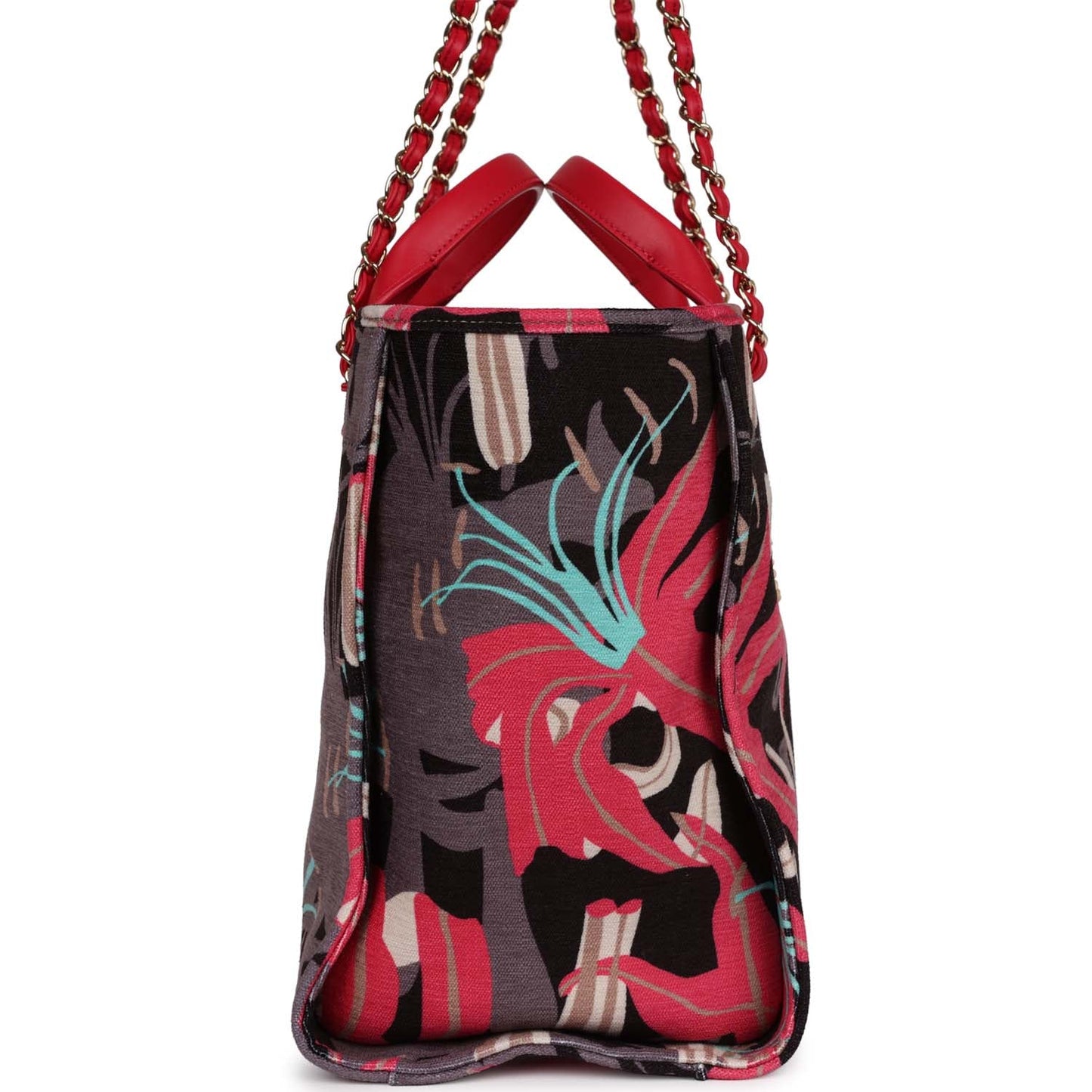 Chanel Small Deauville Shopping Tote Grey and Pink Tropical Floral Velvet Light Gold Hardware