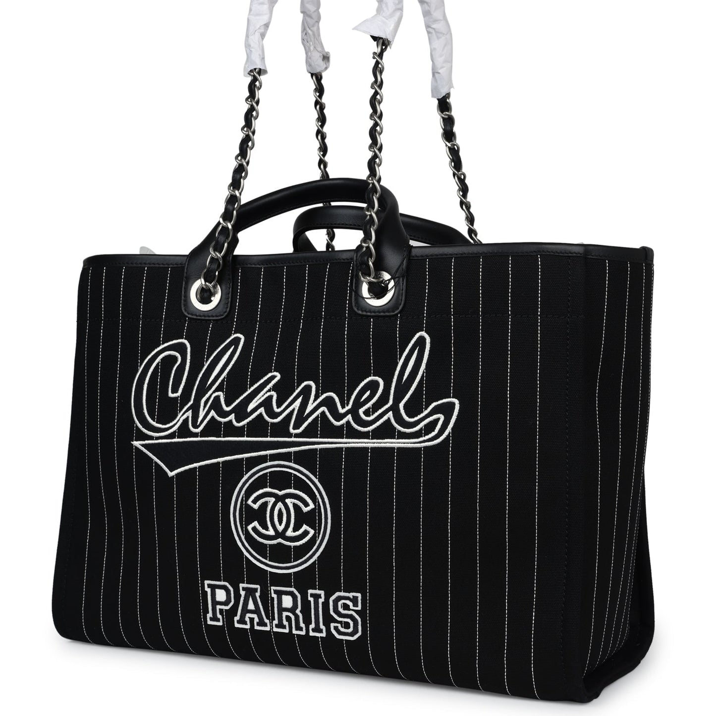 Chanel Large Deauville Shopping Tote Black and White Striped Canvas Silver Hardware