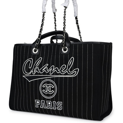 Chanel Large Deauville Shopping Tote Black and White Striped Canvas Silver Hardware