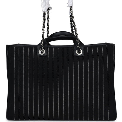 Chanel Large Deauville Shopping Tote Black and White Striped Canvas Silver Hardware