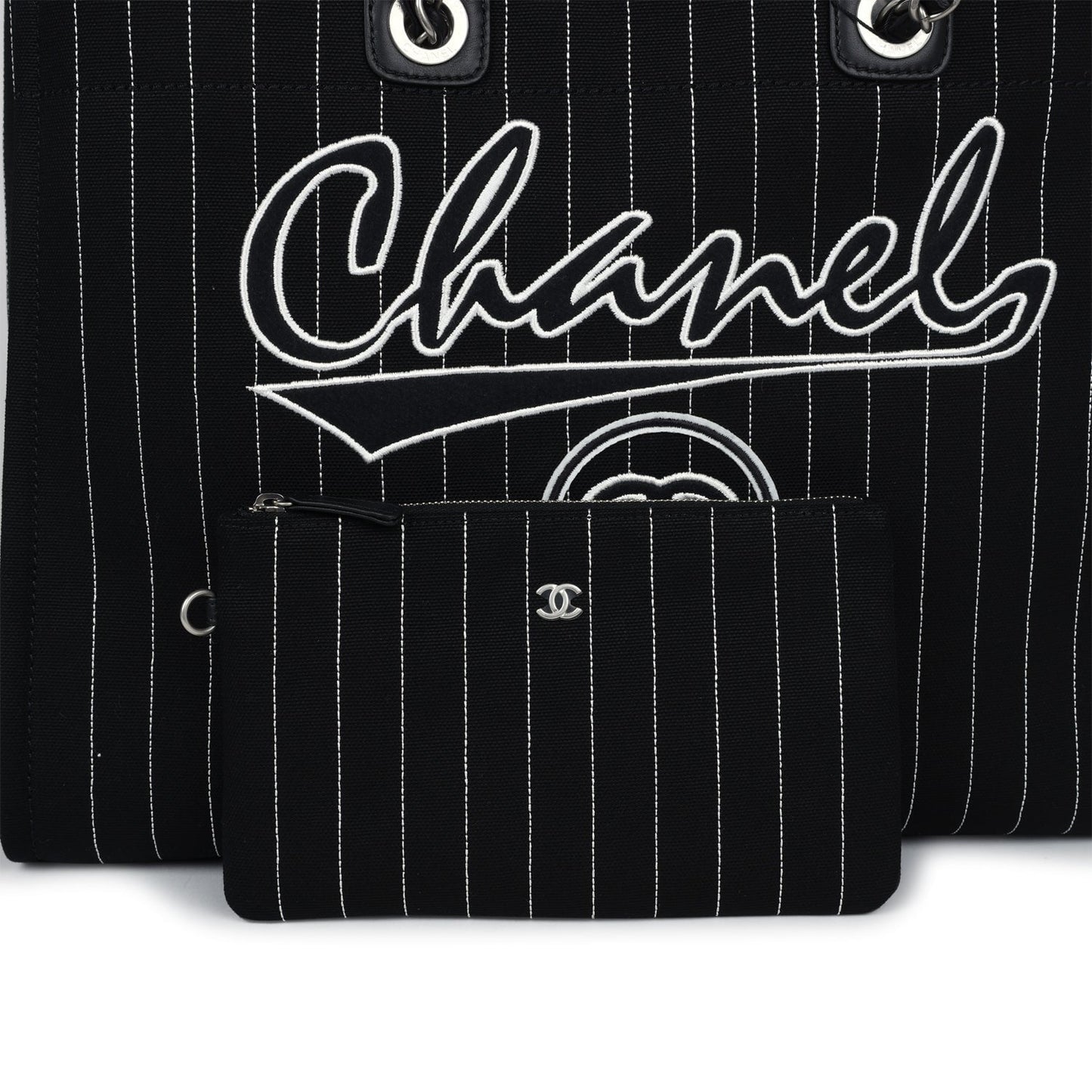 Chanel Large Deauville Shopping Tote Black and White Striped Canvas Silver Hardware