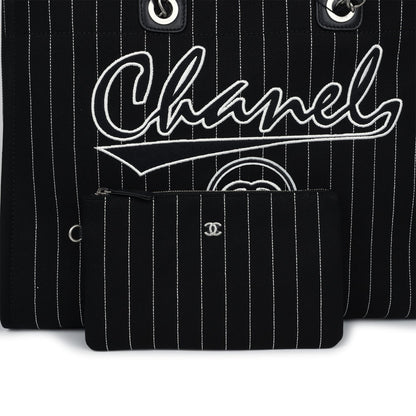 Chanel Large Deauville Shopping Tote Black and White Striped Canvas Silver Hardware
