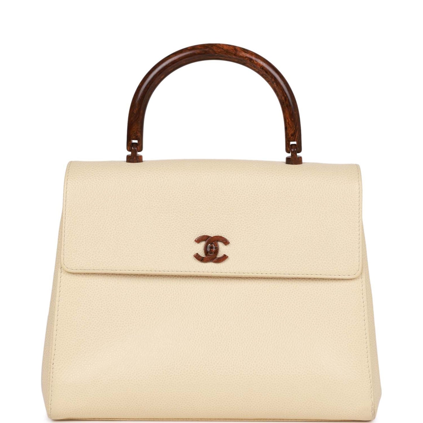 Vintage Chanel Wood Top Handle Kelly Ivory Caviar
