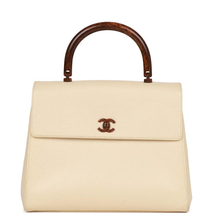 Vintage Chanel Wood Top Handle Kelly Ivory Caviar
