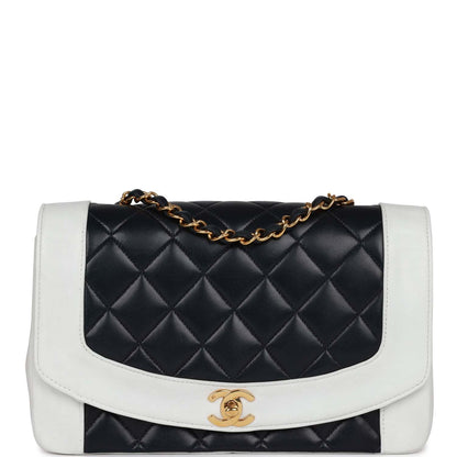 Vintage Chanel Small Diana Flap Bag White and Navy Lambskin Gold Hardware