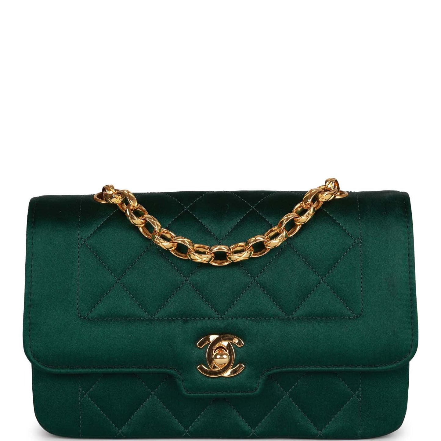 Vintage Chanel Mini Flap Bag Green Satin Gold Hardware