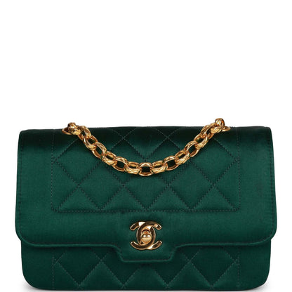 Vintage Chanel Mini Flap Bag Green Satin Gold Hardware