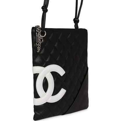 Vintage Chanel Cambon Flat Messenger Black and White Lambskin Silver Hardware