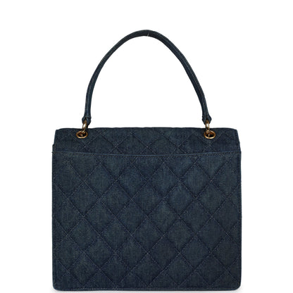 Vintage Chanel Envelope Flap Top Handle Handbag Dark Blue Denim Gold Hardware