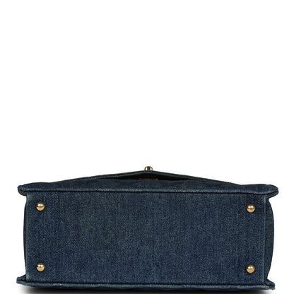 Vintage Chanel Envelope Flap Top Handle Handbag Dark Blue Denim Gold Hardware