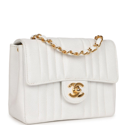 Vintage Chanel Mini Square Flap Vertical Stripe White Caviar Gold Hardware