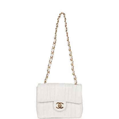 Vintage Chanel Mini Square Flap Vertical Stripe White Caviar Gold Hardware