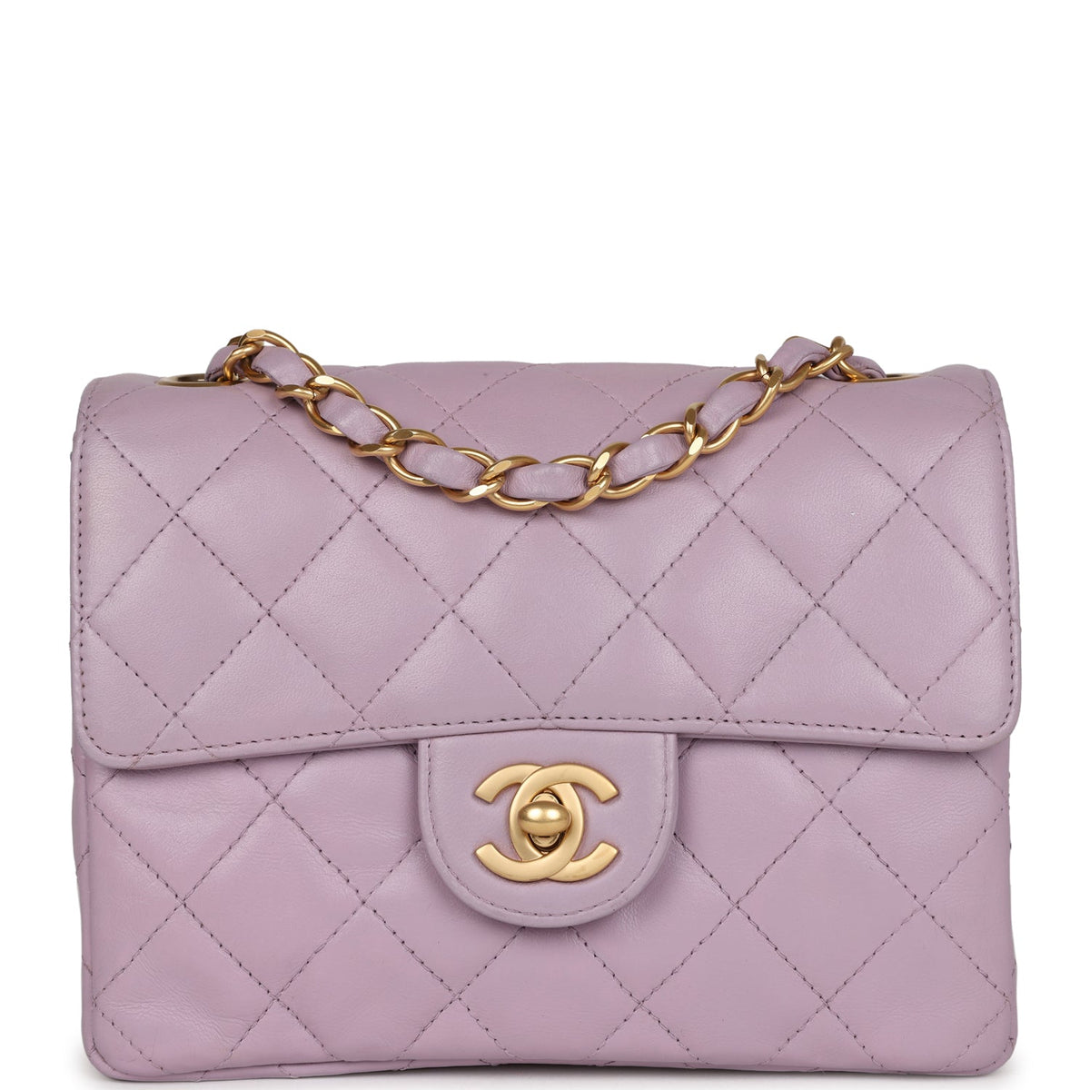 Vintage Chanel Mini Square Flap Bag Light Purple Lambskin Matte Gold Hardware