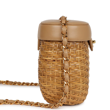 Vintage Chanel Basket Bag Beige Lambskin and Rattan Wicker Gold Hardware