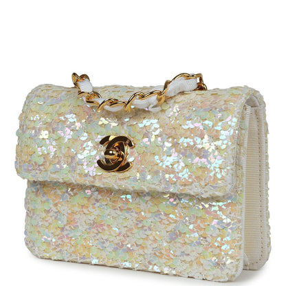 Vintage Chanel Micro Half Flap Iridescent Ivory Sequin Gold Hardware