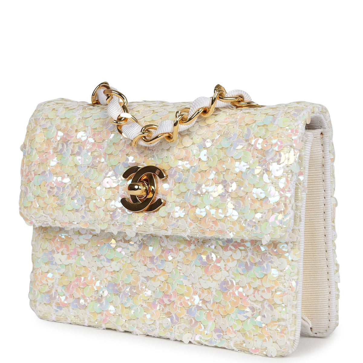 Vintage Chanel Micro Half Flap Iridescent Ivory Sequin Gold Hardware