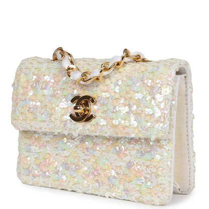 Vintage Chanel Micro Half Flap Iridescent Ivory Sequin Gold Hardware