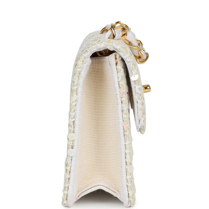 Vintage Chanel Micro Half Flap Iridescent Ivory Sequin Gold Hardware