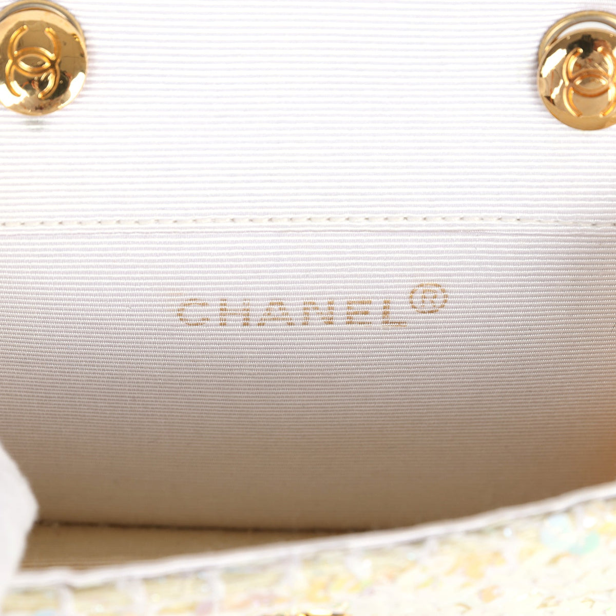 Vintage Chanel Micro Half Flap Iridescent Ivory Sequin Gold Hardware
