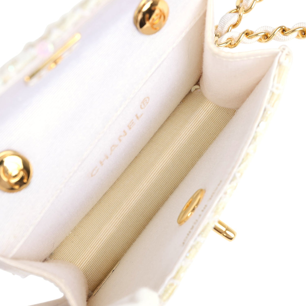 Vintage Chanel Micro Half Flap Iridescent Ivory Sequin Gold Hardware