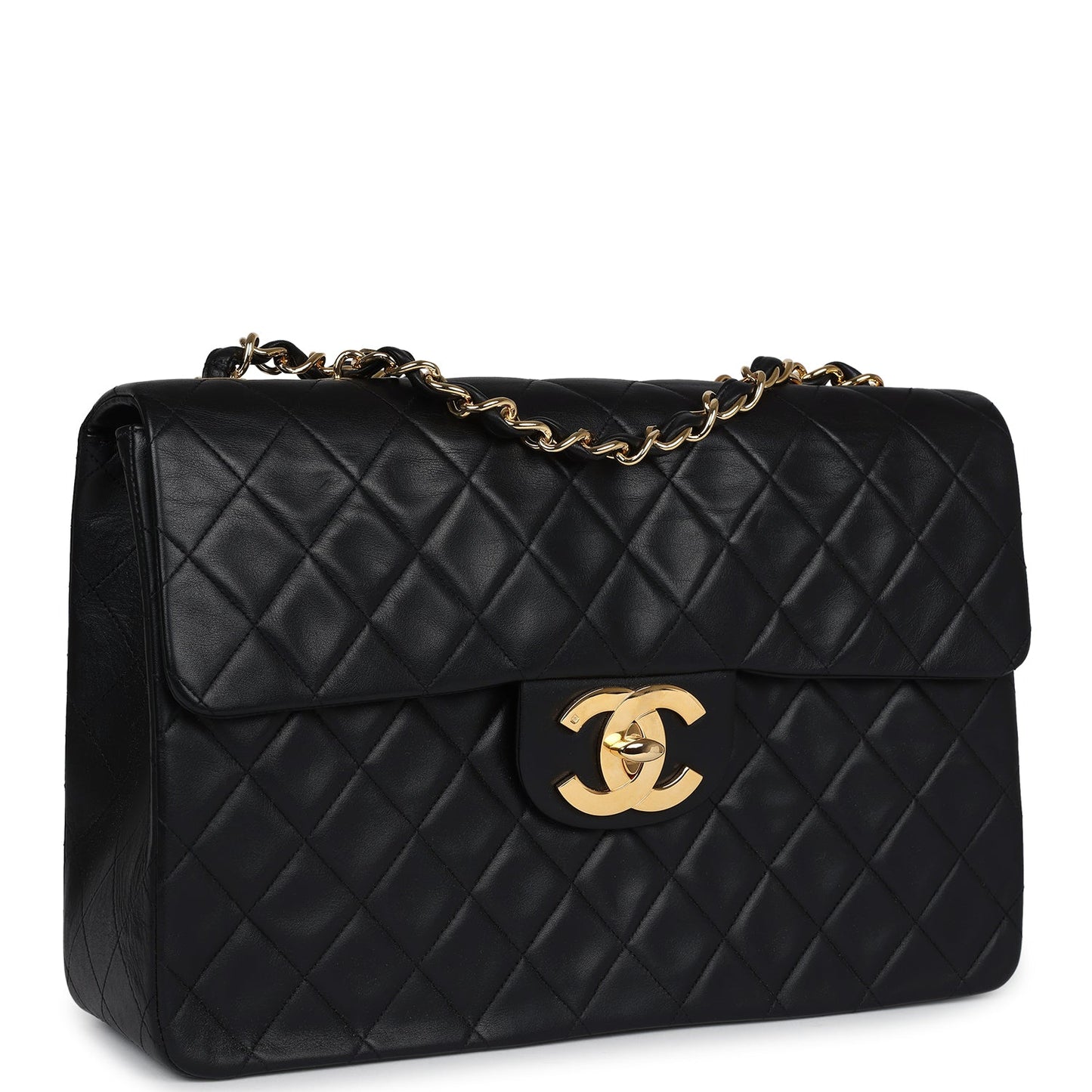 Vintage Chanel Maxi Single Flap Bag Black Lambskin Gold Hardware