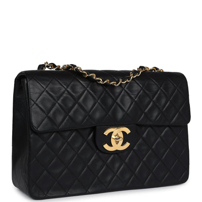 Vintage Chanel Maxi Single Flap Bag Black Lambskin Gold Hardware