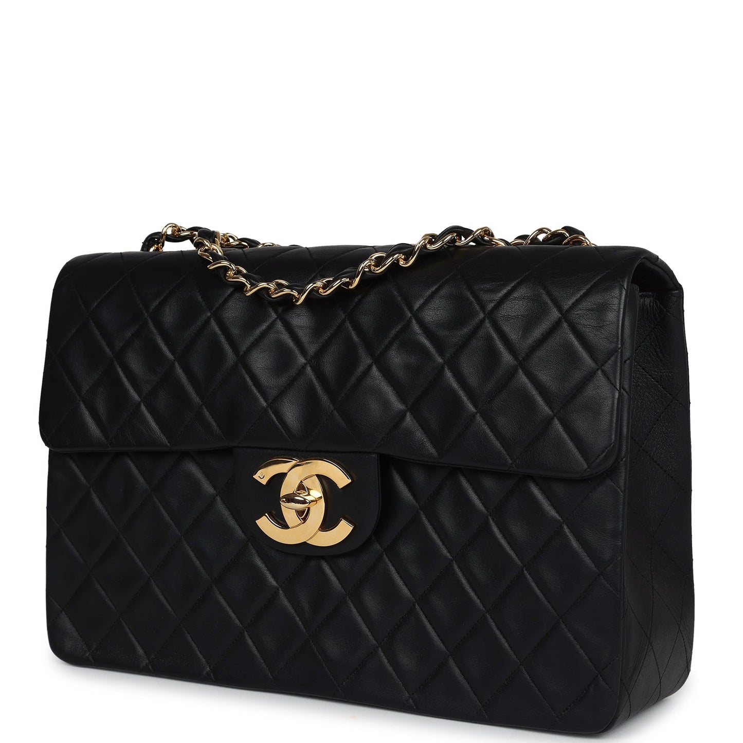 Vintage Chanel Maxi Single Flap Bag Black Lambskin Gold Hardware
