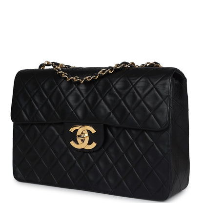 Vintage Chanel Maxi Single Flap Bag Black Lambskin Gold Hardware