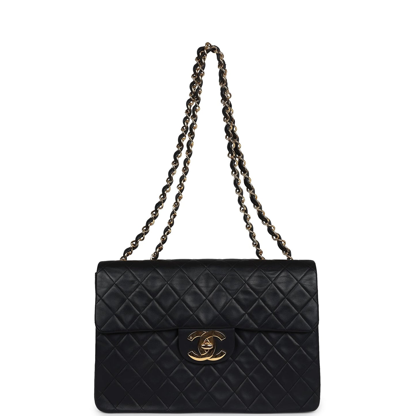 Vintage Chanel Maxi Single Flap Bag Black Lambskin Gold Hardware