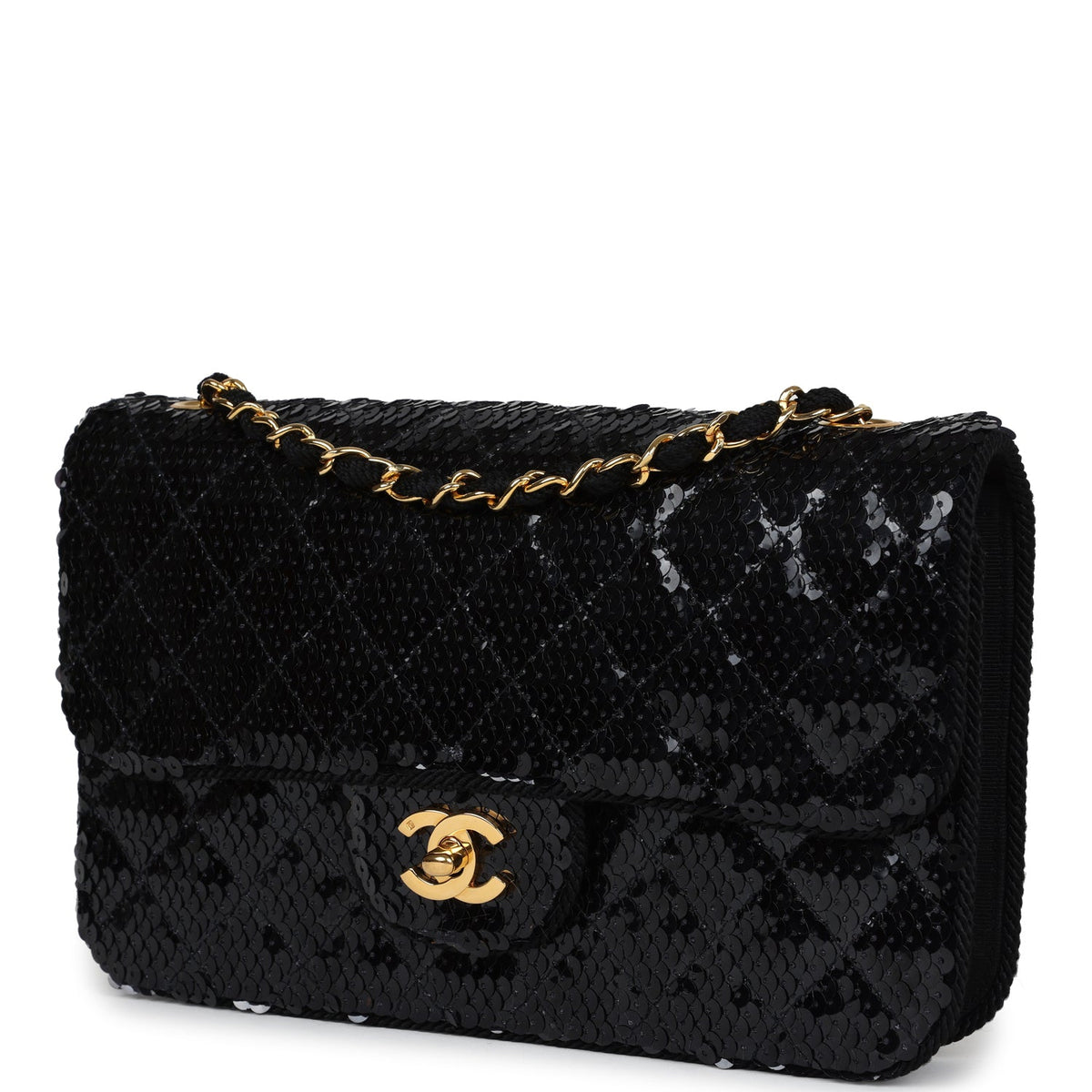 Vintage Chanel Small Flap Bag Black Sequin Gold Hardware