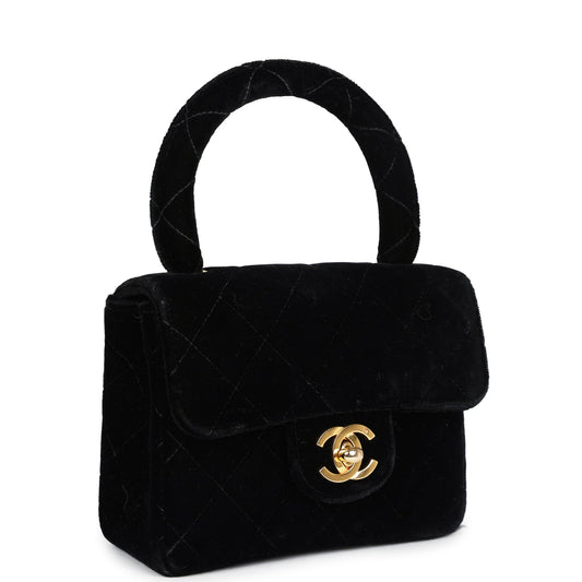Vintage Chanel Micro Kelly Child Flap Bag Black Velvet Gold Hardware