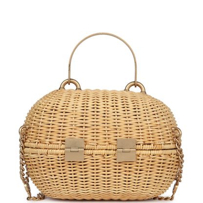 Vintage Chanel Small Heart Lock Basket Bag Natural Wicker Brushed Gold Hardware