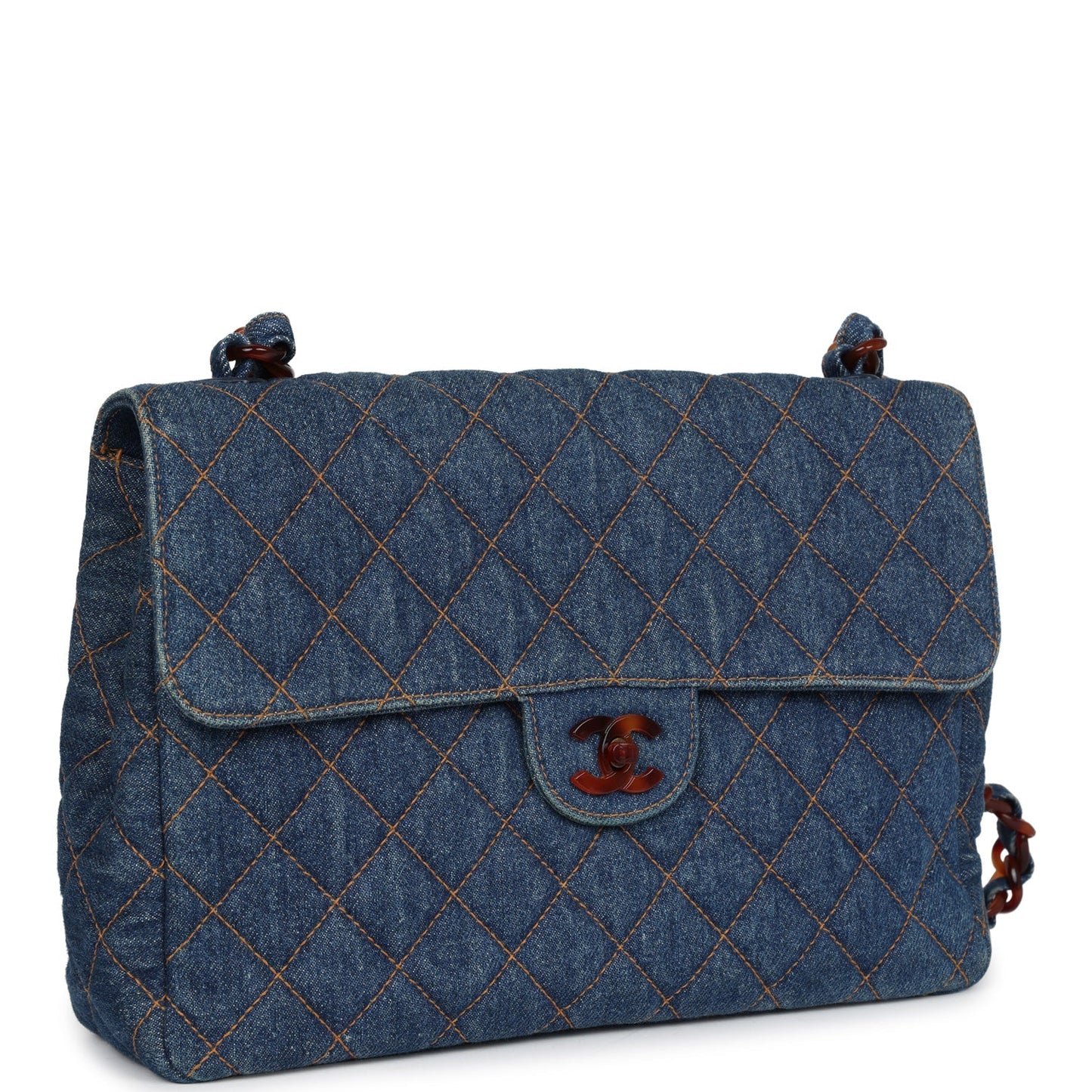 Vintage Chanel Jumbo Single Flap Bag Blue Denim Tortoiseshell Bakelite Hardware