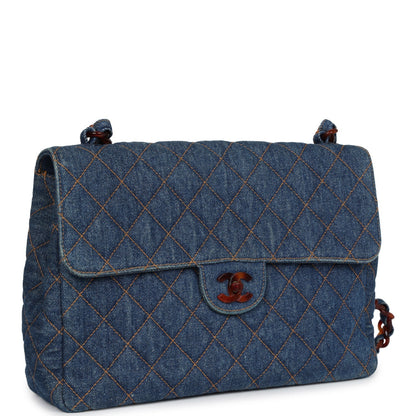 Vintage Chanel Jumbo Single Flap Bag Blue Denim Tortoiseshell Bakelite Hardware