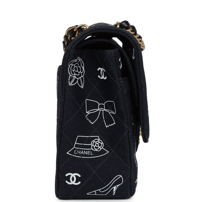 Vintage Chanel Medium Icon Print Double Flap Bag Navy Canvas Brushed Gold Hardware