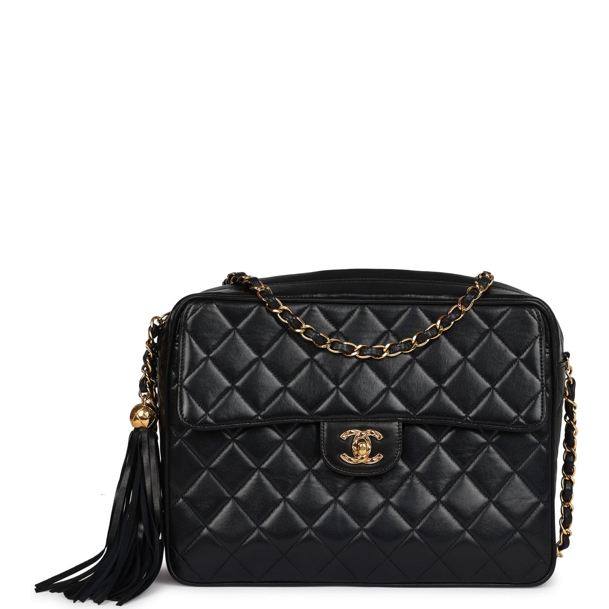 Vintage Chanel Front Pocket Camera Bag Black Lambskin Gold Hardware