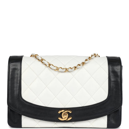 Vintage Chanel Medium Diana Flap Bag White and Black Lambskin Gold Hardware