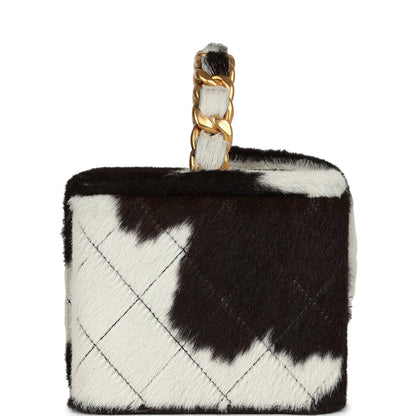 Vintage Chanel Square Vanity Box Brown and White Cow Print Pony Hair Antique Gold Hardware