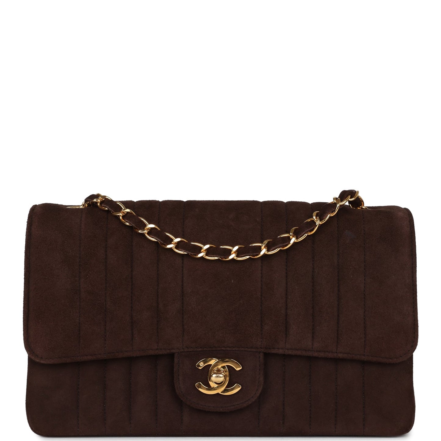 Vintage Chanel Medium Vertical Flap Bag Brown Suede Gold Hardware