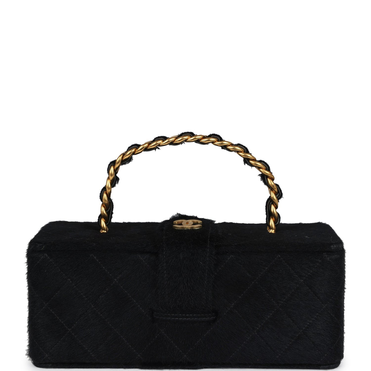 Vintage Chanel Rectangular Vanity Box Black Pony Hair Antique Gold Hardware