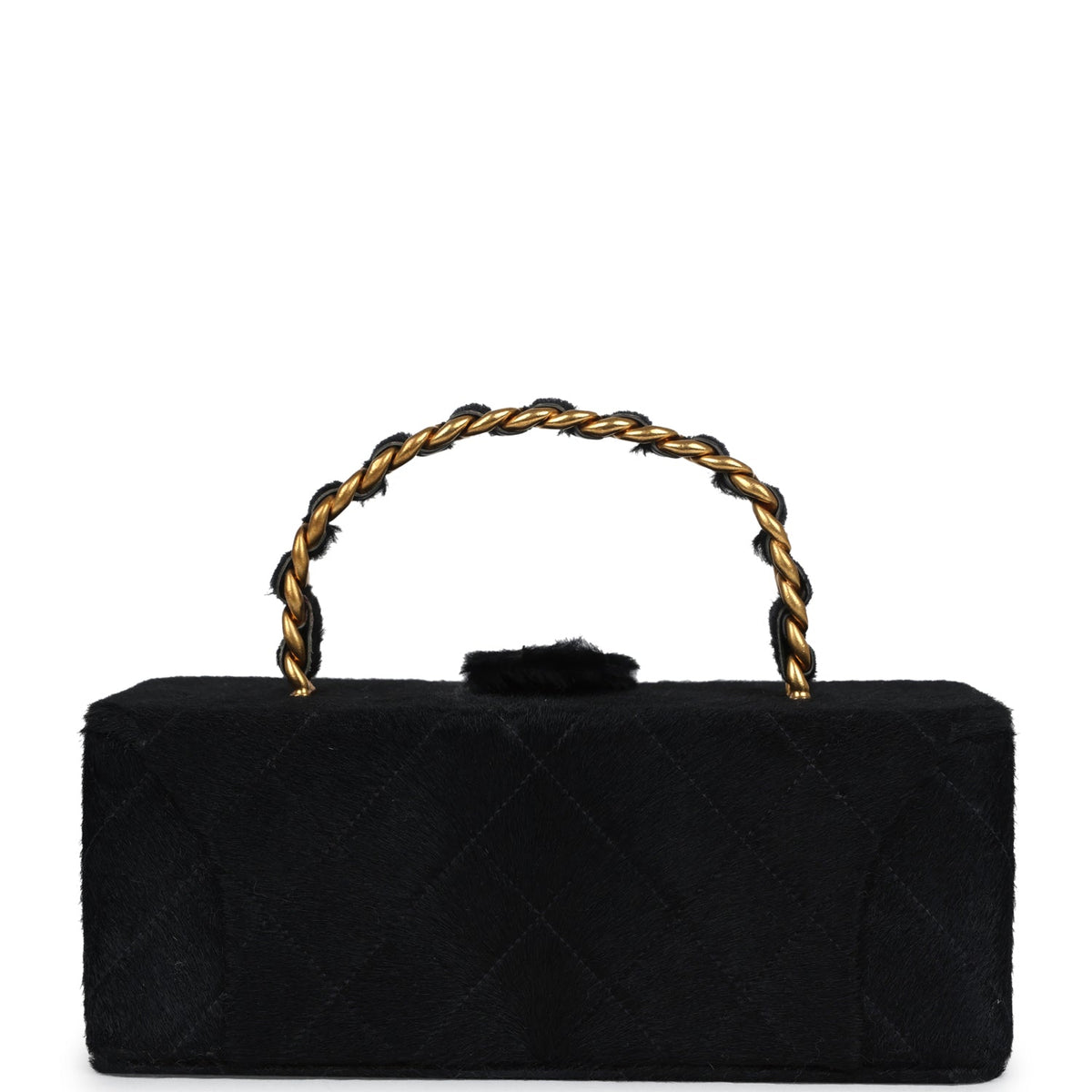 Vintage Chanel Rectangular Vanity Box Black Pony Hair Antique Gold Hardware