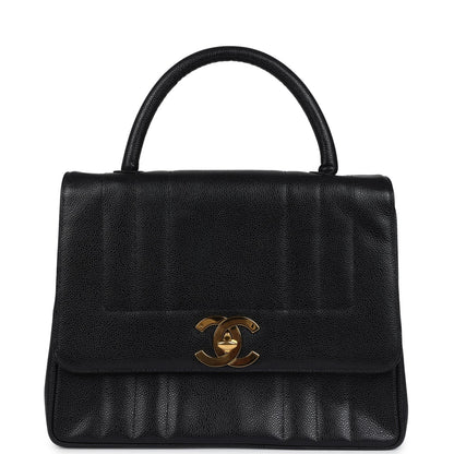 Vintage Chanel Vertical Stripe Kelly Flap Bag Black Caviar Gold Hardware