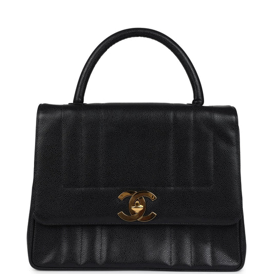 Vintage Chanel Vertical Stripe Kelly Flap Bag Black Caviar Gold Hardware