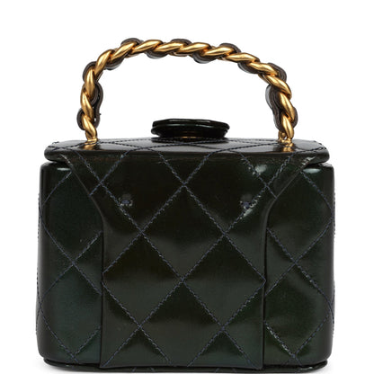 Vintage Chanel Mini Square Vanity Green Patent Antique Gold Hardware