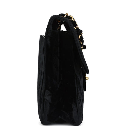 Vintage Chanel XL Classic Chevron Single Flap Bag Black Velvet Gold Hardware