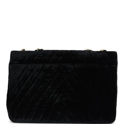 Vintage Chanel XL Classic Chevron Single Flap Bag Black Velvet Gold Hardware